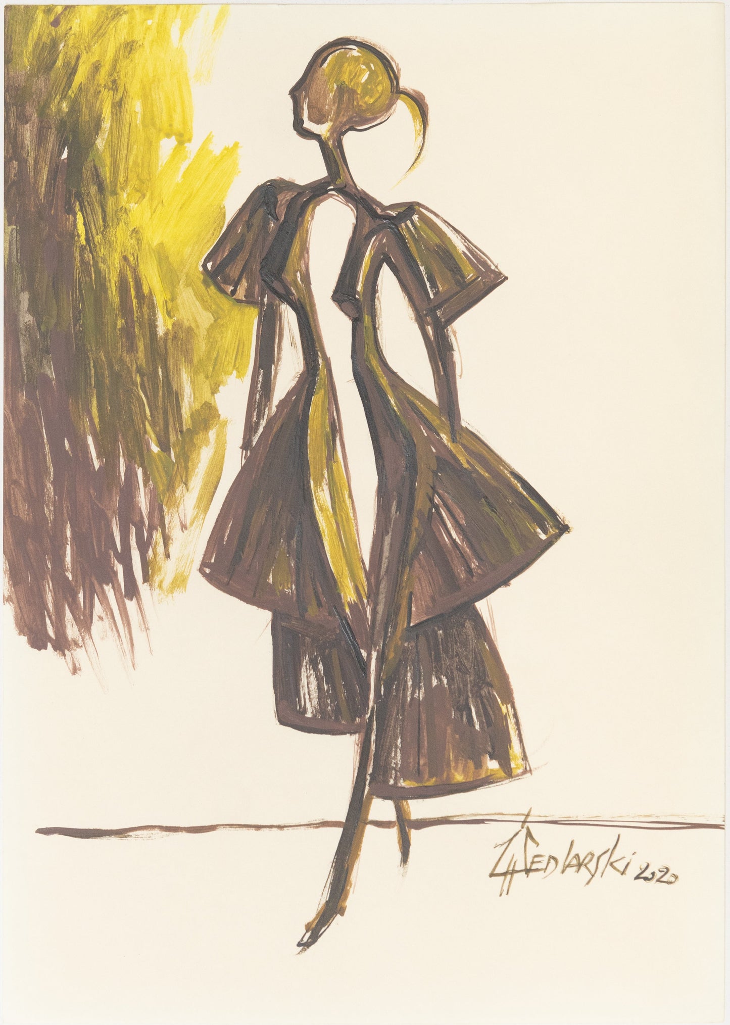 Study for a dress – ink and watercolor fashion sketch by Sedlarski, 2020. Feminine silhouette in expressive motion