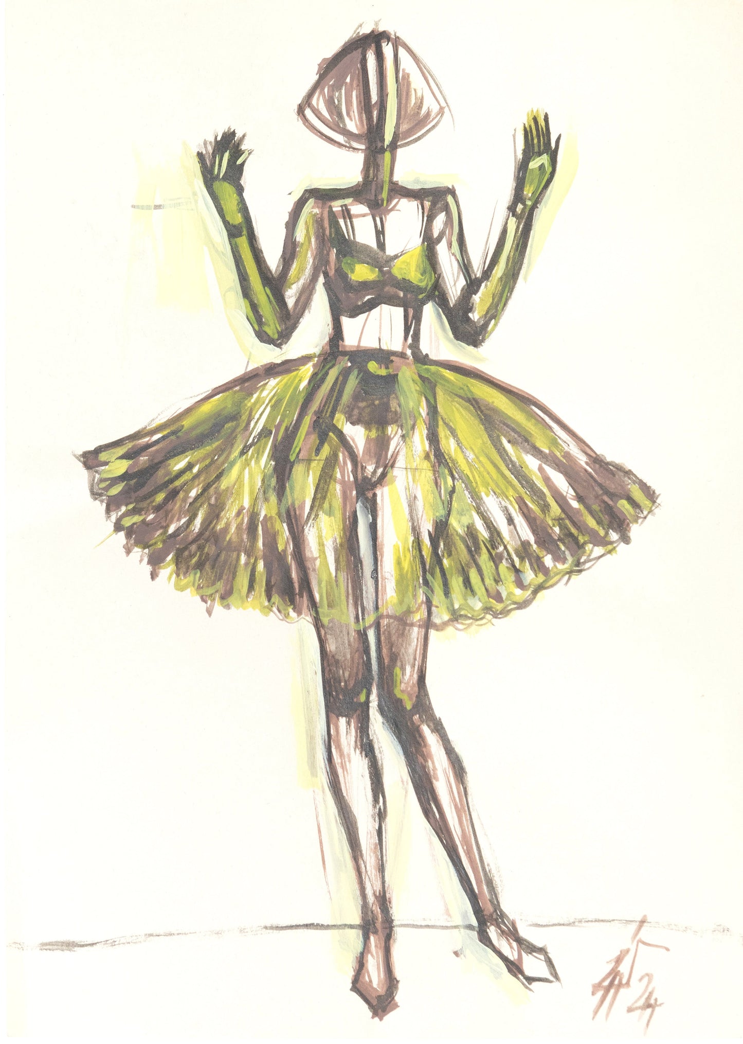 Study for a Dress 11 – Original fashion sketch in ink and watercolor by Sedlarski (2024)
