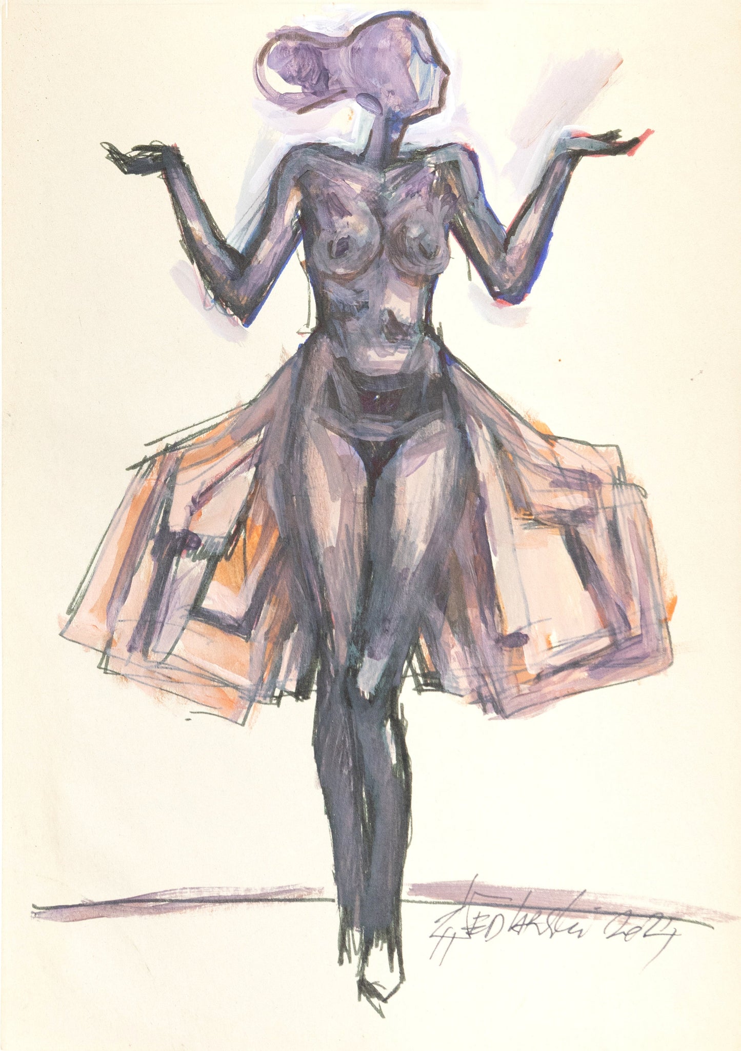 Study for a Dress 12 – Elegant ink and watercolor sketch by Sedlarski