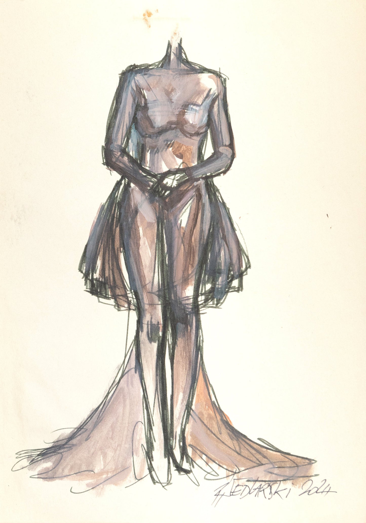 Study for a Dress 14 – Ink and watercolor sketch of feminine silhouette by Sedlarski