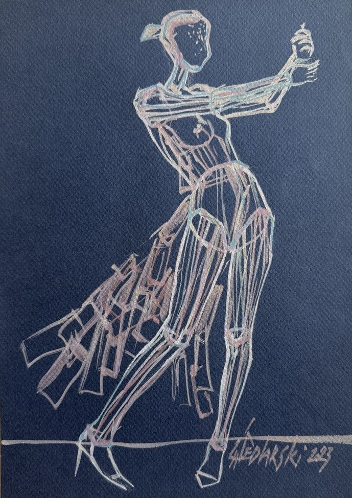 Study for a Dress 141 by Sedlarski – Acrylic on blue cardboard, 21 × 29.6 cm, unframed