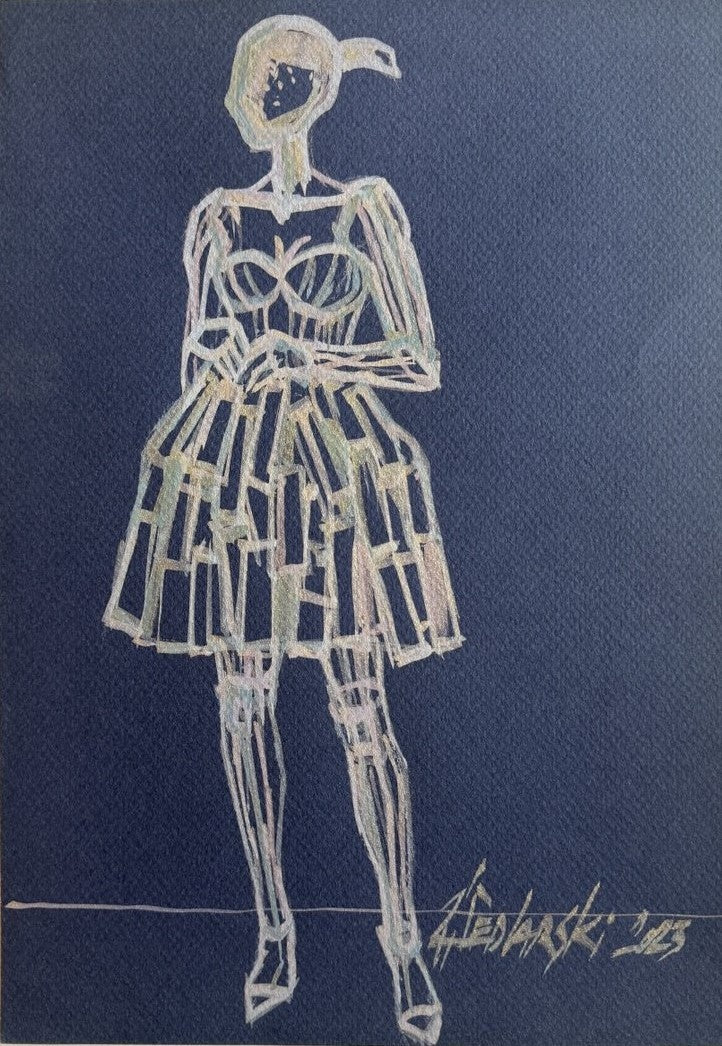 Study for a Dress 142 by Sedlarski – Acrylic on blue cardboard, 21 × 29.6 cm, unframed