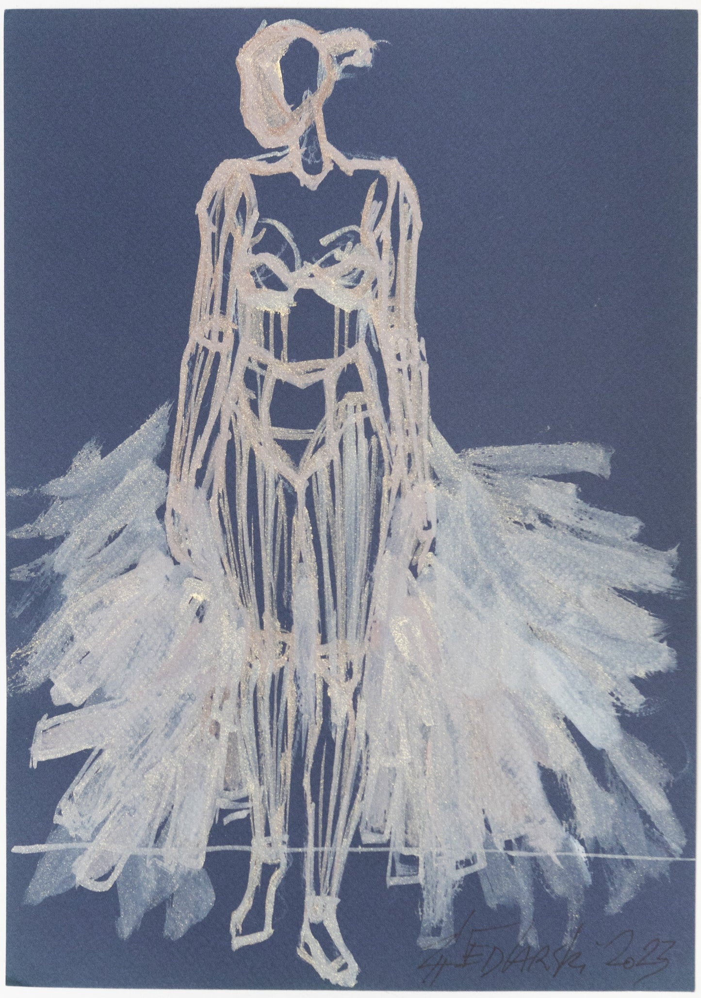 Study for a Dress 143 by Sedlarski – Acrylic on blue cardboard, 21 × 29.6 cm, unframed