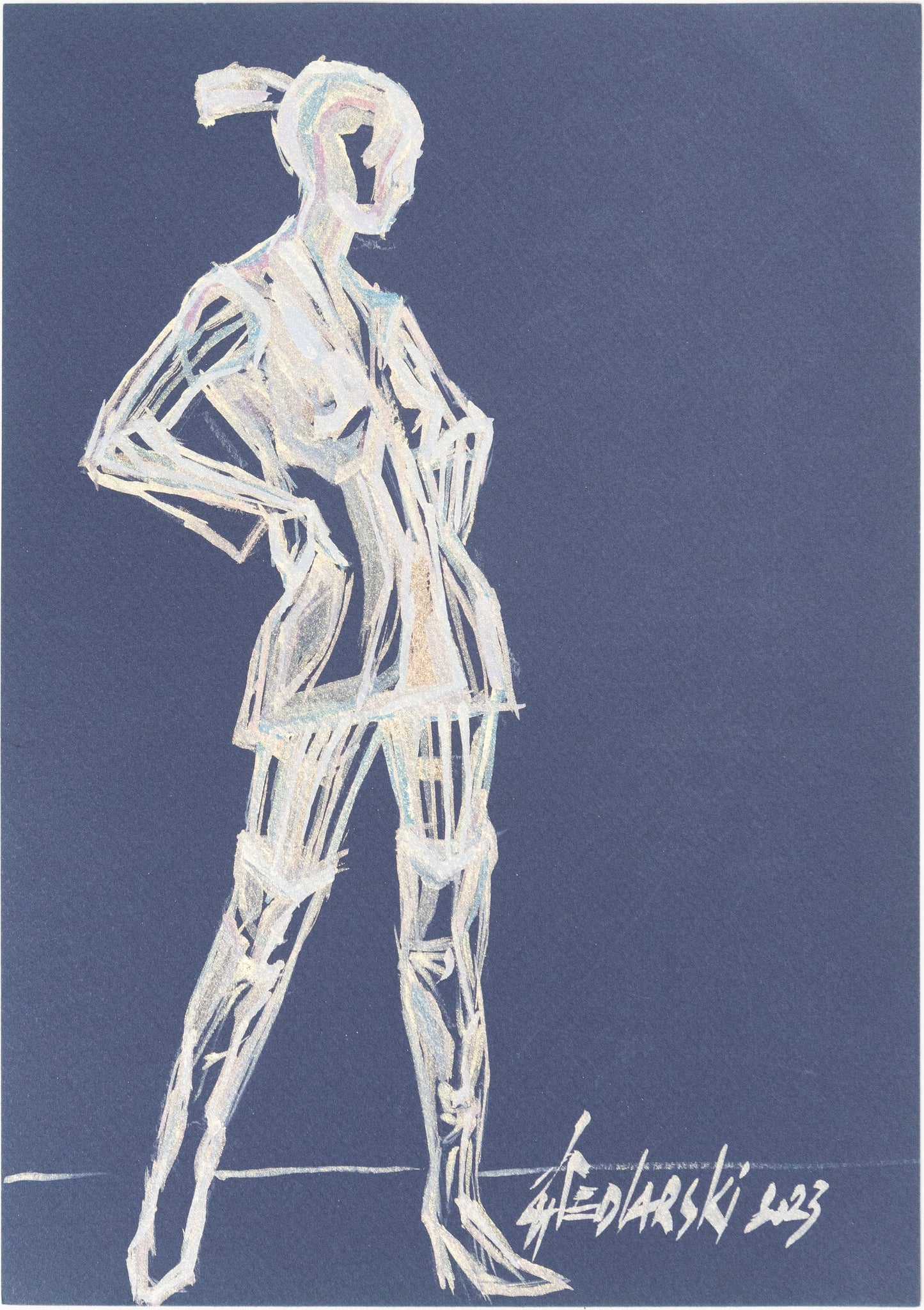 Study for a Dress 144 by Sedlarski – Acrylic on blue cardboard, 21 × 29.6 cm, unframed