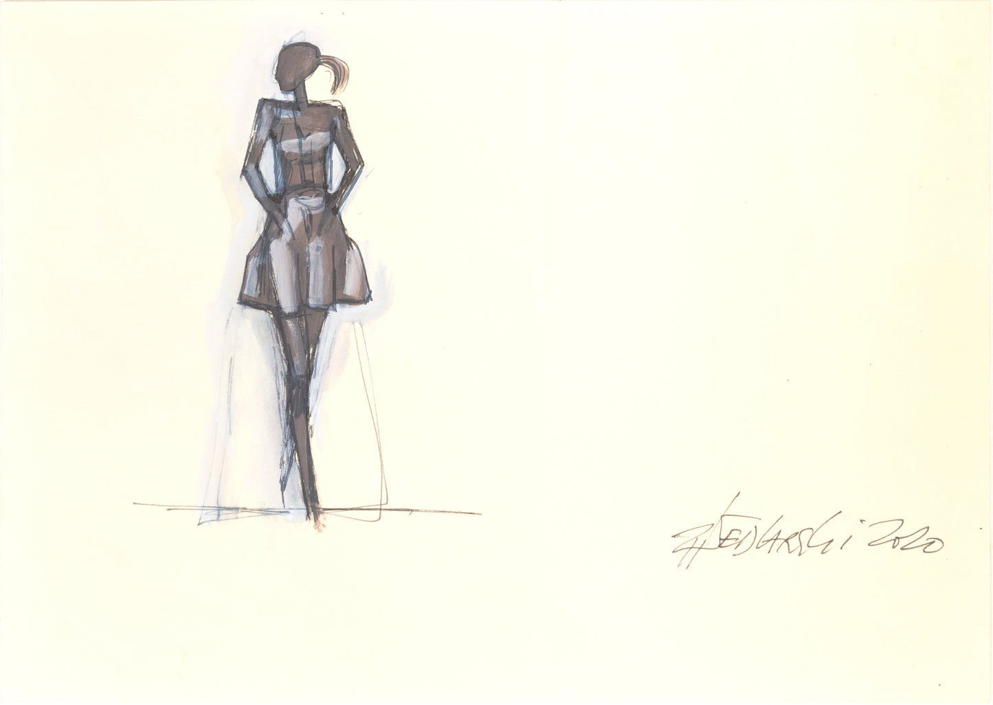 Study for a Dress 15 – Horizontal watercolor and ink dress study by Sedlarski (2020)