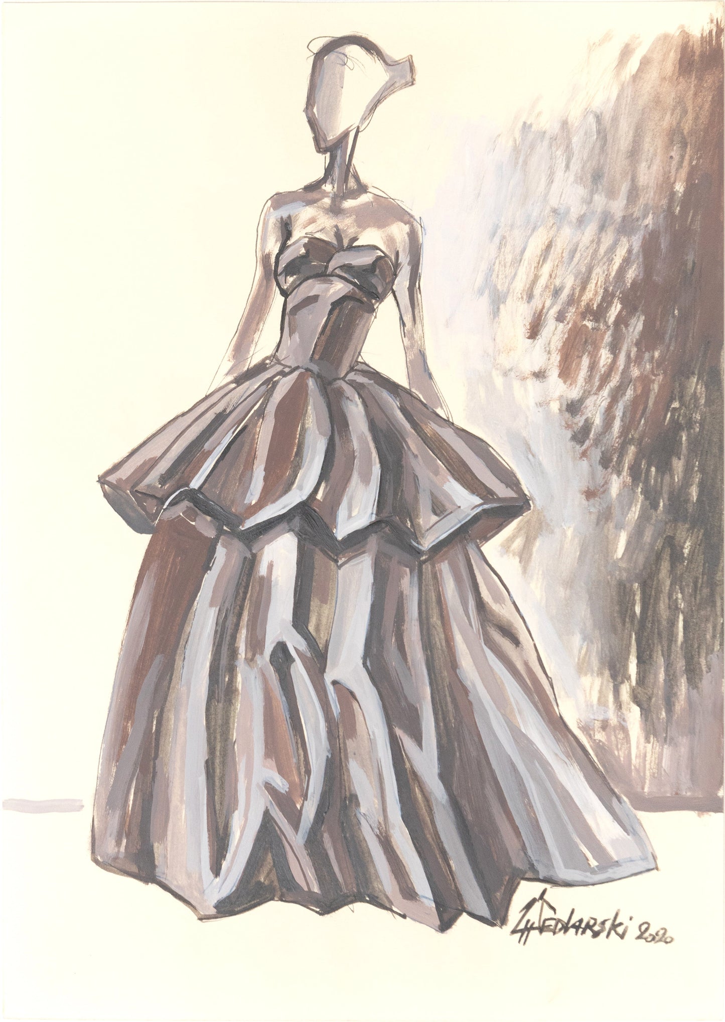 Study for a Dress 16 – Expressive ink and watercolor fashion sketch by Sedlarski (2020) on A4 paper