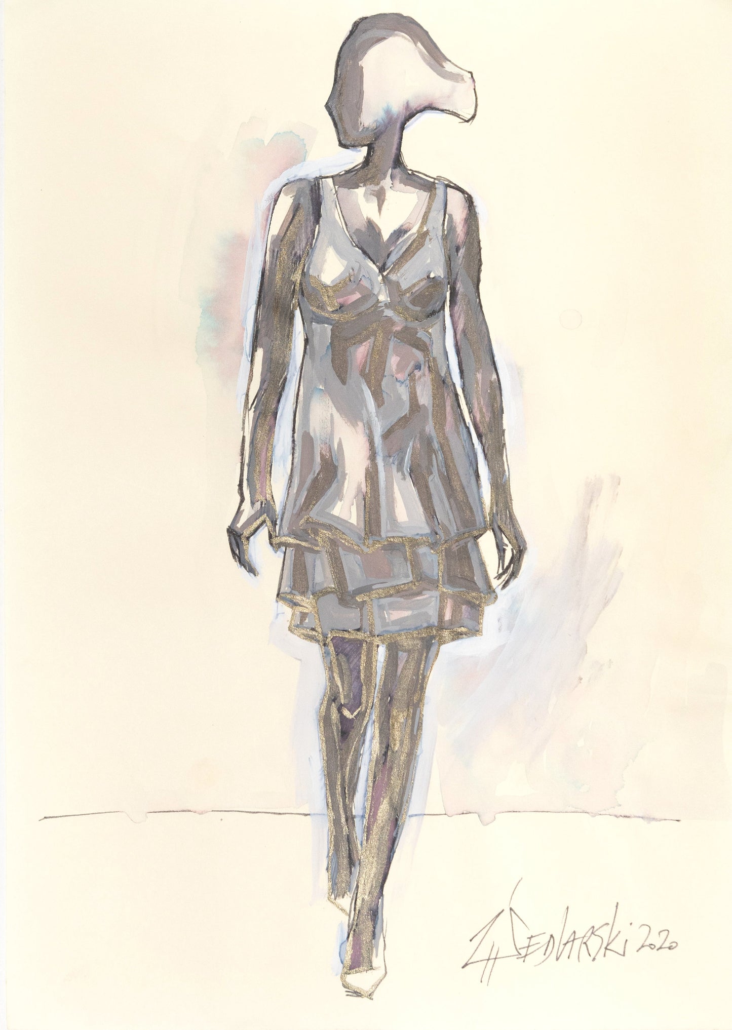 Study for a Dress 3 – Sophisticated ink and watercolor fashion illustration by Sedlarski (2020)