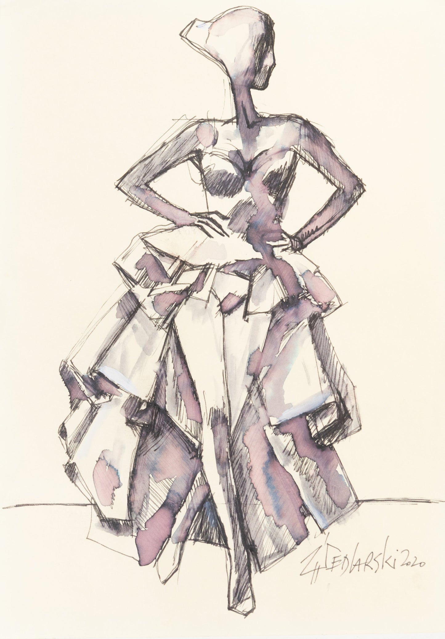 Study for a Dress 4 – Dynamic ink and watercolor fashion sketch by Sedlarski (2020) on A4 paper