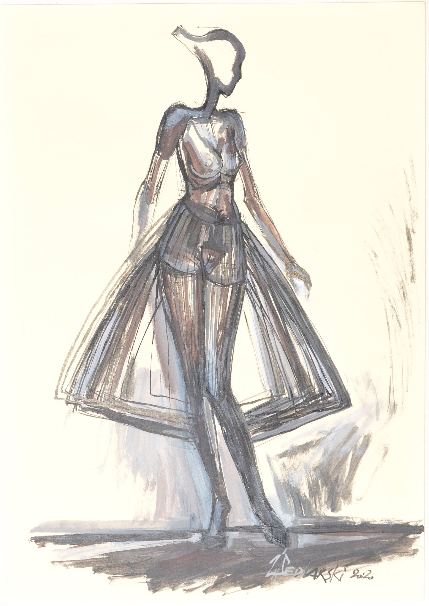 Study for a Dress 5 – Refined ink and watercolor sketch by Sedlarski (2020) on A4 paper