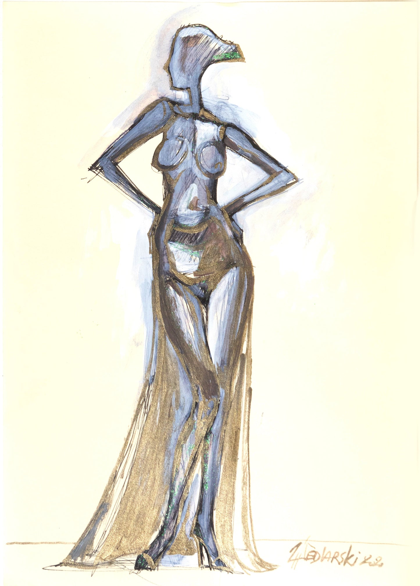 Study for a Dress 7 – Vibrant fashion sketch by Sedlarski (2020) in ink and watercolor