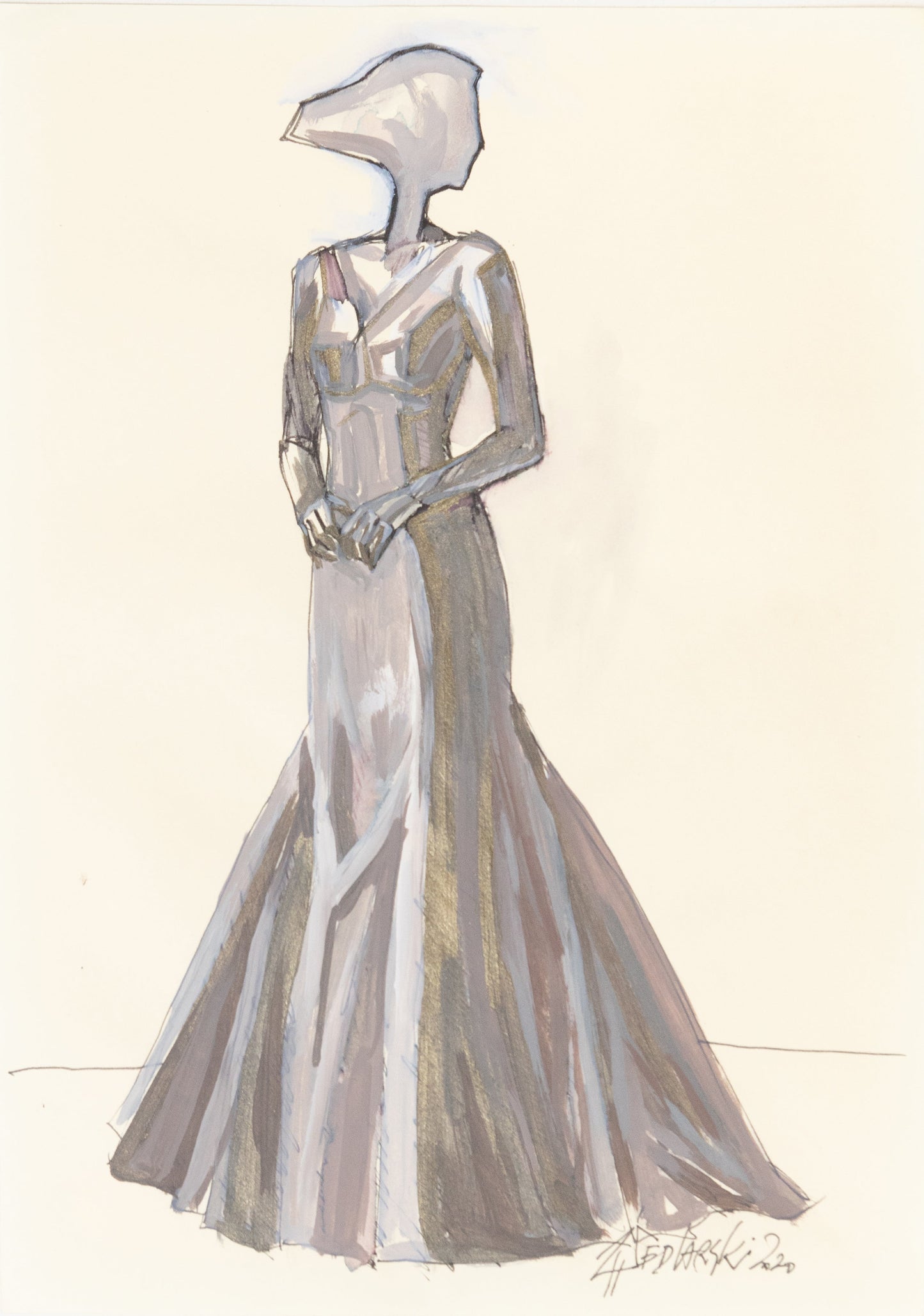 Study for a Dress 8 – Delicate fashion sketch by Sedlarski (2020) in ink and watercolor