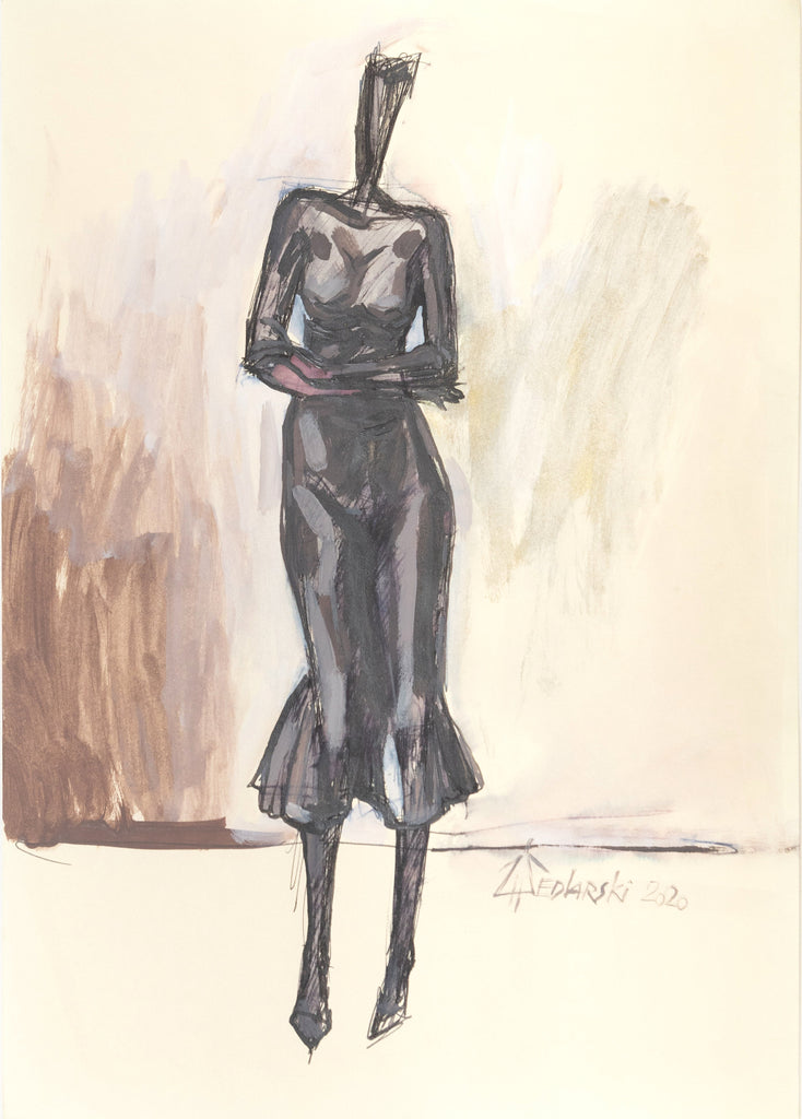 Study for a Dress 2 – Elegant ink and watercolor sketch by Sedlarski (2020) on A4 paper
