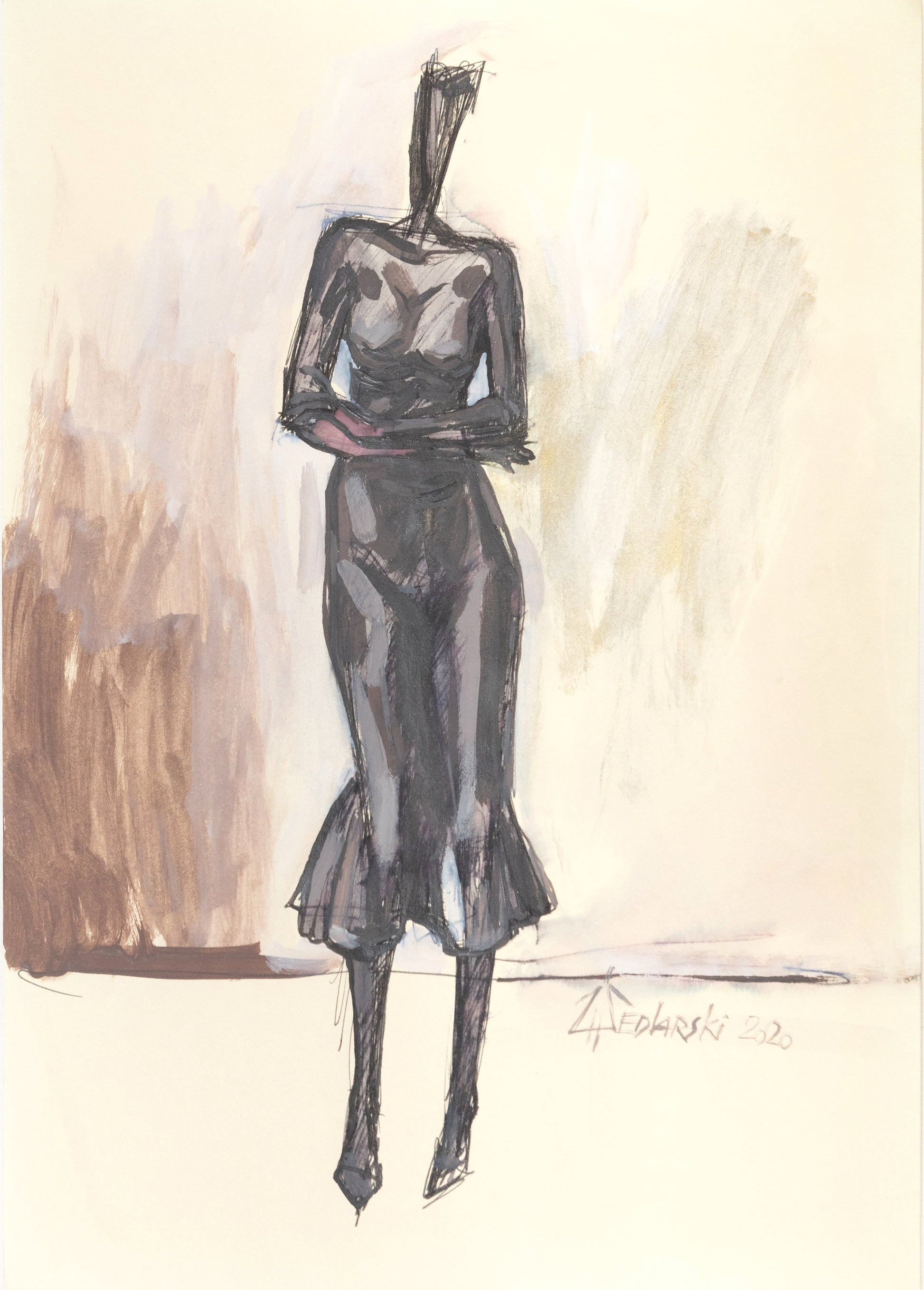 Study for a Dress 2 – Elegant ink and watercolor sketch by Sedlarski (2020) on A4 paper