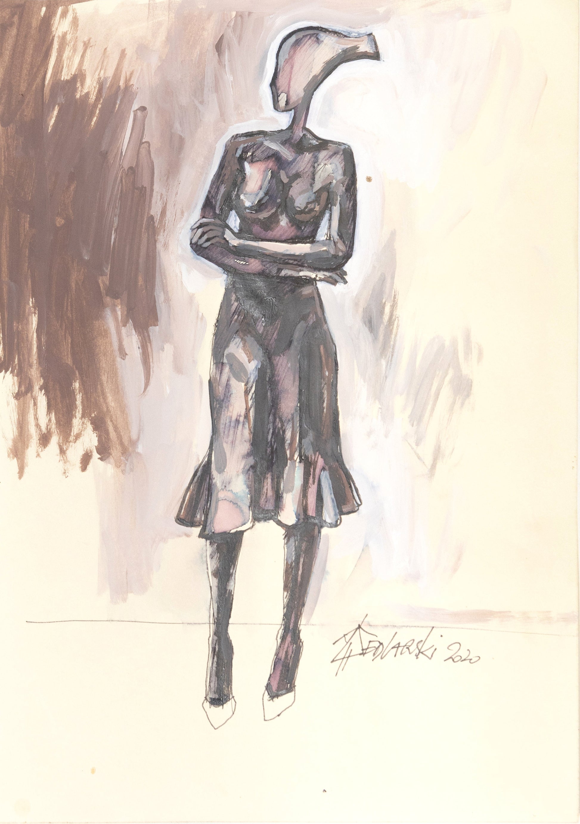 Study for a Dress 6 – Expressive ink and watercolor fashion sketch by Sedlarski (2020) on A4 paper